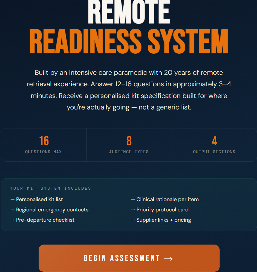 Remote Readiness System — personalised first aid kit builder